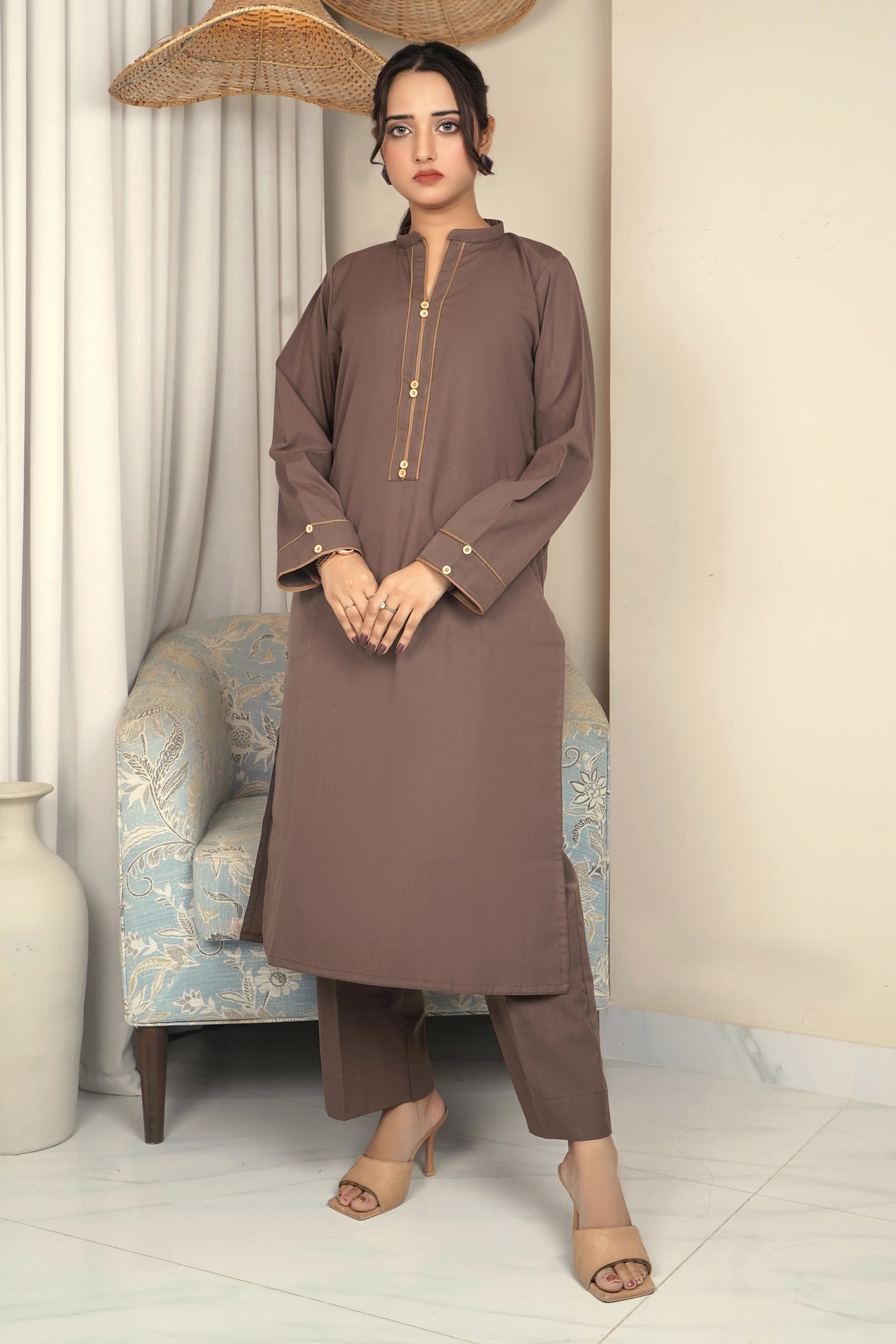 2-Piece Solid Brown Stitched