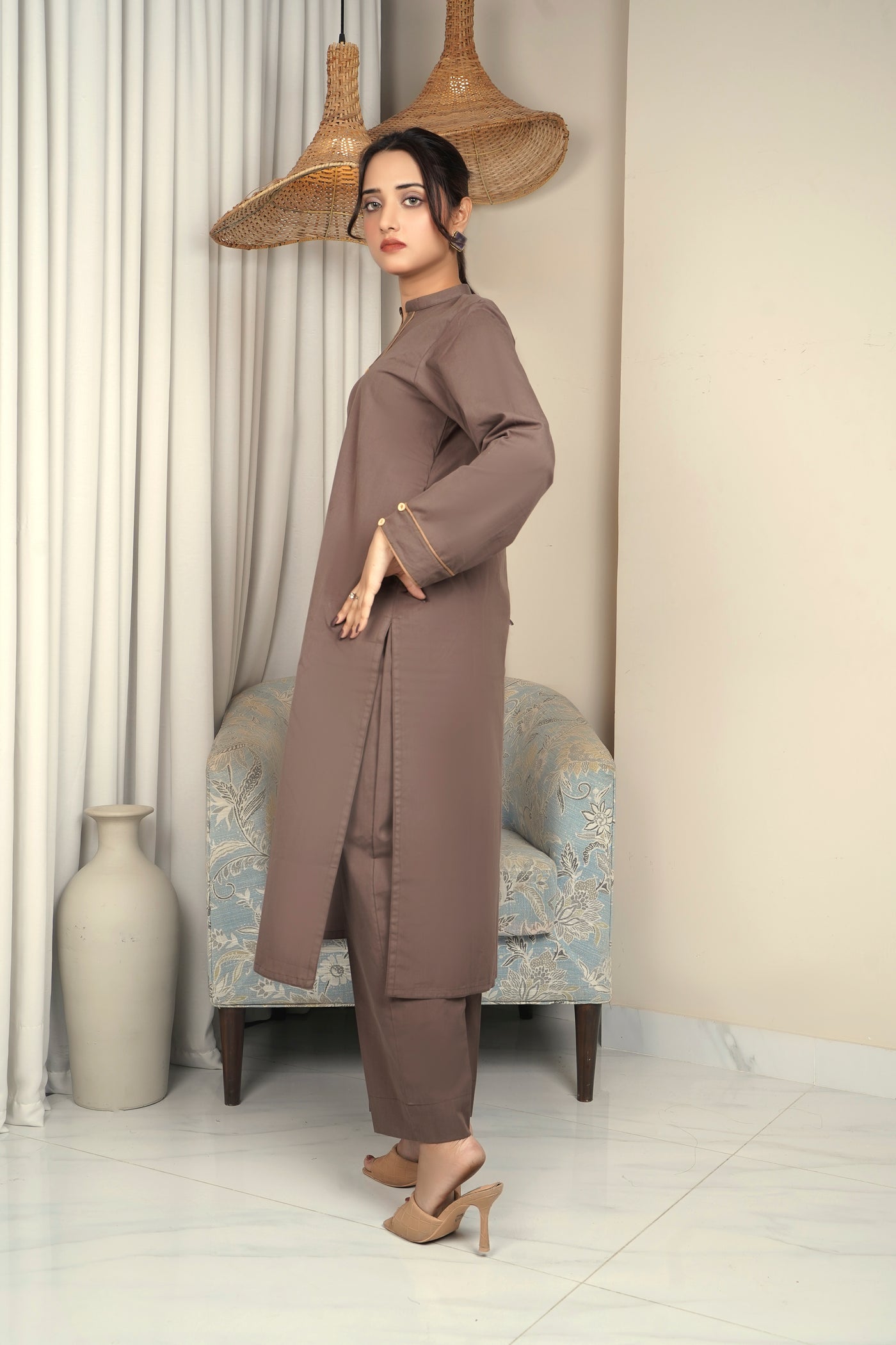 2-Piece Solid Brown Stitched